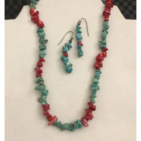 Genuine Turquoise & Red Coral Gemstone Strand Necklace/Earring Set - Picture 1 of 2